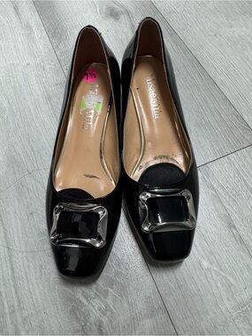 Black Patent Square-Toe Flats with Silver Buckle by